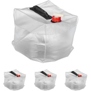 Relaxdays opvouwbare jerrycan set van 4, 10 liter, tapkraan, handvat, waterzak kamperen, BPA-vrij kunststof, doorzichtig