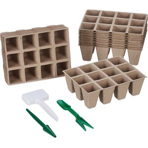 Relaxdays kweekpotjes - set van 192 - incl. accessoires - biologisch afbreekbaar - 5x3,5x3,5 cm - bruin