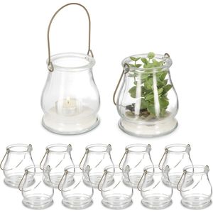 Relaxdays glazen windlicht - set van 12 - H x Ø: 10 x 8,5 cm - met hengsel - voor binnen en buiten
