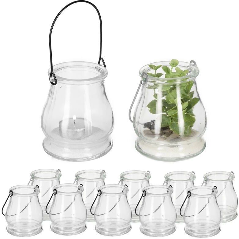 Relaxdays windlicht set van 12 - hengsel - theelichthouders - rond - glas - transparant