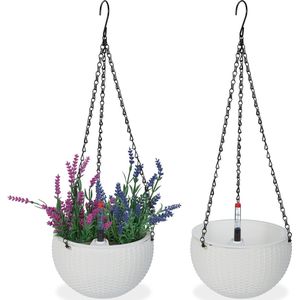 Relaxdays hangpot met opvangbakjes, watermeter en overloopgat, set van 2, gevlochten design, H x Ø: 54x18,5 cm, wit