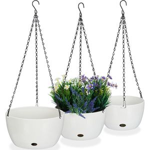 Relaxdays hangpot met opvangbakjes, set van 3, elk een andere grootte, hangende plantenpot, reservoir, kunststof, wit