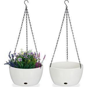 Relaxdays hangpot met opvangbakjes, hangende plantenpot, reservoir, set van 2, HxØ: 67x28,5 cm, binnen & buiten, wit