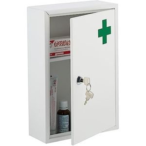Relaxdays medicijnkastje, EHBO-kastje met slot, HxBxD: 32 x 21,5 x 8 cm, 2 vakken, groen kruis, hangend, wit
