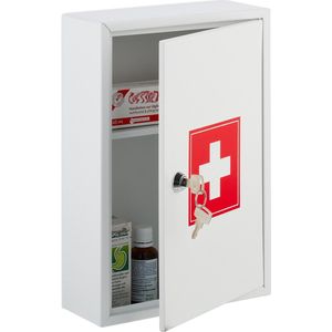 Relaxdays medicijnkastje met kruis - afsluitbaar apothekerskastje - EHBO-kastje - wit