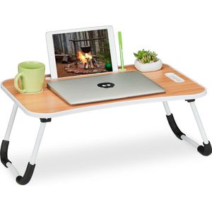 Relaxdays laptoptafel voor bed & bank, HxBxD: 26 x 63 x 40 cm, inklapbare schoottafel met tablethouder, lichtbruin/wit