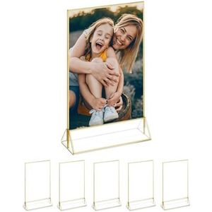 Tischaufsteller 6er Set, din A5, Hochzeit, für Menükarten und Fotos, Acryl Thekenaufsteller, transparent/gold - Relaxdays