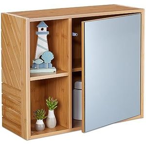 Relaxdays Spiegelkast met 2 open vakken met spiegeldeur H x B x D 45 x 54,5 x 20 cm, hangkast voor badkamer, natuur, bamboe, vezelplaat, glas