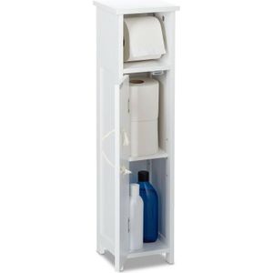 Relaxdays staande wc rolhouder - smalle badkamerkast - 71x18x20 cm - handgreep touw - laag - mdf - wit