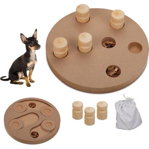 Relaxdays intelligentie speelgoed hond, 2 in 1 denkspelletje, voerpuzzel, interactief hondenspeelgoed, mdf, naturel