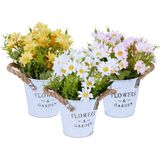 Kunstbloemen - Set van 3 - Nep Chrysanten - Witte Pot met Handgrepen - 20 x 15 cm