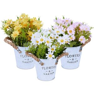 Relaxdays kunstbloemen, set van 3, nep chrysanten, pot met handgrepen, namaak bloemen, HxØ: 20 x 15 cm, geel/wit/roze