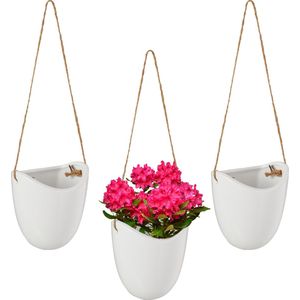 Relaxdays hangende bloempot, set van 3, plantenhanger muur, binnen, met touw, planten & bloemen, keramiek, wandvaas, wit