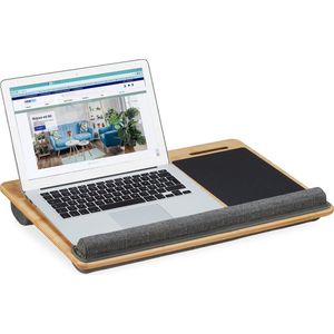 Relaxdays laptopkussen - bamboe - handgreep - muismat - 2 houders - schoottafel laptop