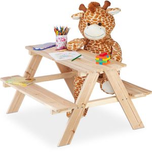 Relaxdays kinderpicknicktafel, kindertafel voor buiten, HBD: 50 x 89 x 79 cm, tuinset kinderen, hout, speeltafel, natuur
