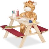 Relaxdays kinderpicknicktafel - tuintafel - 50 x 89 x 79 cm - met zitkussens - hout - natuur-rood