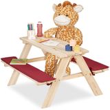 Relaxdays kinderpicknicktafel, tuintafel voor kinderen, HBD: 50 x 89 x 79 cm, tuinset met zitkussens, hout, natuur/rood
