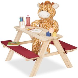 Relaxdays houten kinderpicknicktafel - tuinset kinderen met zitkussens - kindertafel tuin
