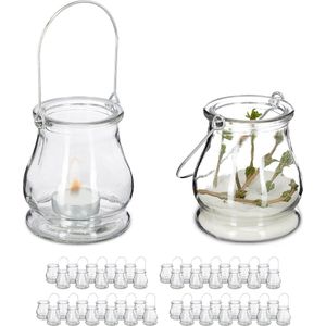 48x windlicht - theelichthouder - buiten - handvat - glas - transparant