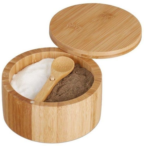 Relaxdays zoutpot met deksel & lepel - hervulbaar kruidenpotje bamboe - groot peperpotje