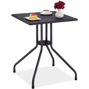 Relaxdays tuintafel, HxBxD: 75 x 61 x 61 cm, balkontafel met houtlook, kunststof, metaal, buitentafel vierkant, zwart