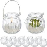 Relaxdays windlicht set van 12, ronde waxinelichthouders met hengsel, H x Ø: 7,5 x 8 cm, binnen en buiten, transparant