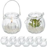Relaxdays windlicht set van 12, ronde waxinelichthouders met hengsel, H x Ø: 7,5 x 8 cm, binnen en buiten, transparant