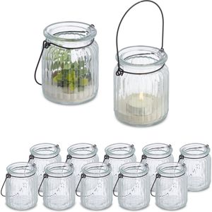 Relaxdays windlicht - set van 12 - glas - met hengsel - binnen - buiten - 9,5 x 8 cm