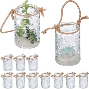 Relaxdays windlicht lantaarn - set van 12 - glas - met hengsel - binnen - buiten - 10,5 x 7 cm