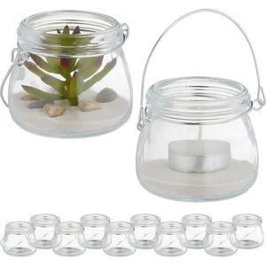 Relaxdays windlicht - set van 12 - glas - met hengsel - binnen en buiten - HxØ: 6,5 x 7,5 cm - transparant-zilver