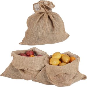 Relaxdays jute zak, set van 3, H x B: 55 x 50 cm, universeel, voor aardappels, noten, planten, sinterklaas, natuur