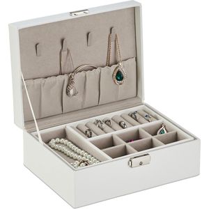 Relaxdays sieradendoos, sieradenkistje met ringhouder, HxBxD 9,5 x 23 x 17,5 cm, uitneembare vakjes, met slot, wit