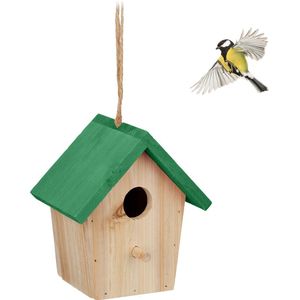 Relaxdays Decoratieve vogelhuisje van hout om op te hangen, afmetingen (h x b x d): 16 x 15 x 11 cm, vogelvilla, tuin, balkon, natuur/groen