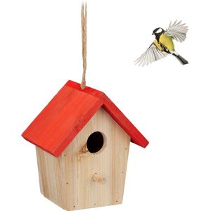 Relaxdays vogelhuisje decoratie - met touwtje - hangend - rood dak - vogelhuis tuin balkon
