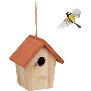 Relaxdays vogelhuisje decoratie, hout, om op te hangen, HBD: 16 x 15 x 11 cm, voor tuin, balkon, terras, natuur/oranje