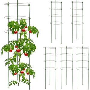 Relaxdays plantensteun set van 6, tomatensteun, rankhulp voor klimplanten, 90 cm hoog, 4 verstelbare ringen, groen