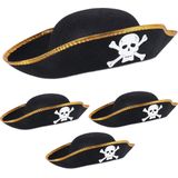 Relaxdays Set van 4 piratenhoeden van polyester, tot ca. 58 cm hoofdomtrek, driepuntige hoed, piratenkostuum, zwart