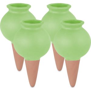 Relaxdays waterdruppelaar keramiek, set van 4, 100 ml, druppelsystemen kamerplanten & balkonbakken, groen/terracotta