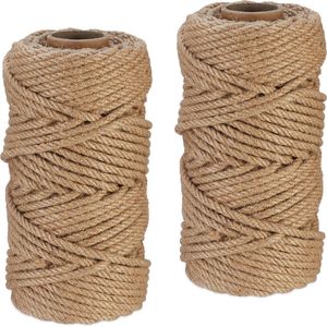 Relaxdays jute touw - 6 mm dik - 2 rollen - elk 50 m lang - afbreekbaar - bindtouw