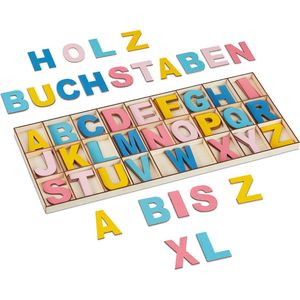 Relaxdays gekleurde houten letters, 104-delige set, 5 cm, alfabet, A-Z, decoratie, blokletters, met doos, meerkleurig