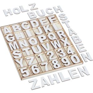 Relaxdays 144 stuks houten letters en cijfers - hoofdletters A tot Z - cijfers 0-9,5 cm - houten decoratie - wit