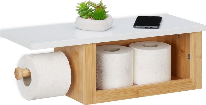 Relaxdays wc rolhouder met plankje - bamboe - reserve - open vak - 17 x 50 x 18 cm - muur