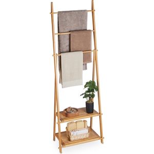 Relaxdays handdoekrek badkamer metaal en bamboe, 84,5 x 45 x 21 cm, wit