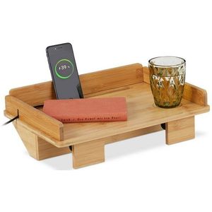 Relaxdays bedplank, mini nachtkastje om te klemmen, HBD: 11 x 38 x 26 cm, bamboe, kabelgeleider & tablethouder, natuur