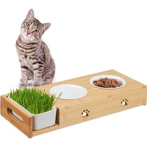 Relaxdays dubbele voerbak kat - met kattengras bakje - 2 keramische bakjes - 250 ml - vaatwasserbestendig
