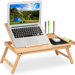 Relaxdays laptoptafel bed & bank, inklapbaar bedtafeltje, HBD: 17,5x62x34 cm, schoot, bamboe, lade & muismat, natuur