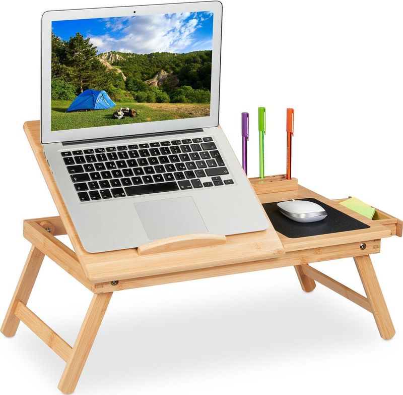 Relaxdays - Laptoptisch für Bett & Couch, klappbarer Betttisch, hbt: 17,5x62x34 cm, Bambus, Schublade u. Mauspad, natur