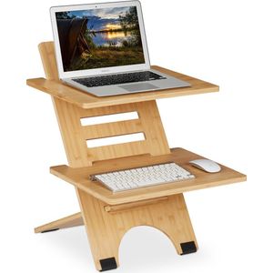 Relaxdays bureau verhoger, in de hoogte verstelbaar, 2 planken, bamboe, zit-sta-verhoger laptop, staand werken, natuur