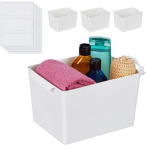 Relaxdays opbergbak, set van 4, plastic, handvat, open opbergbox, keuken organizer, badkamer, HBD: 15 x 19 x 25 cm, wit
