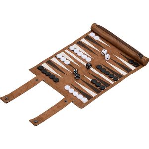backgammon reiseditie - oprolbaar - met stenen en dobbelsteen - 32 x 26 cm - kunstleer